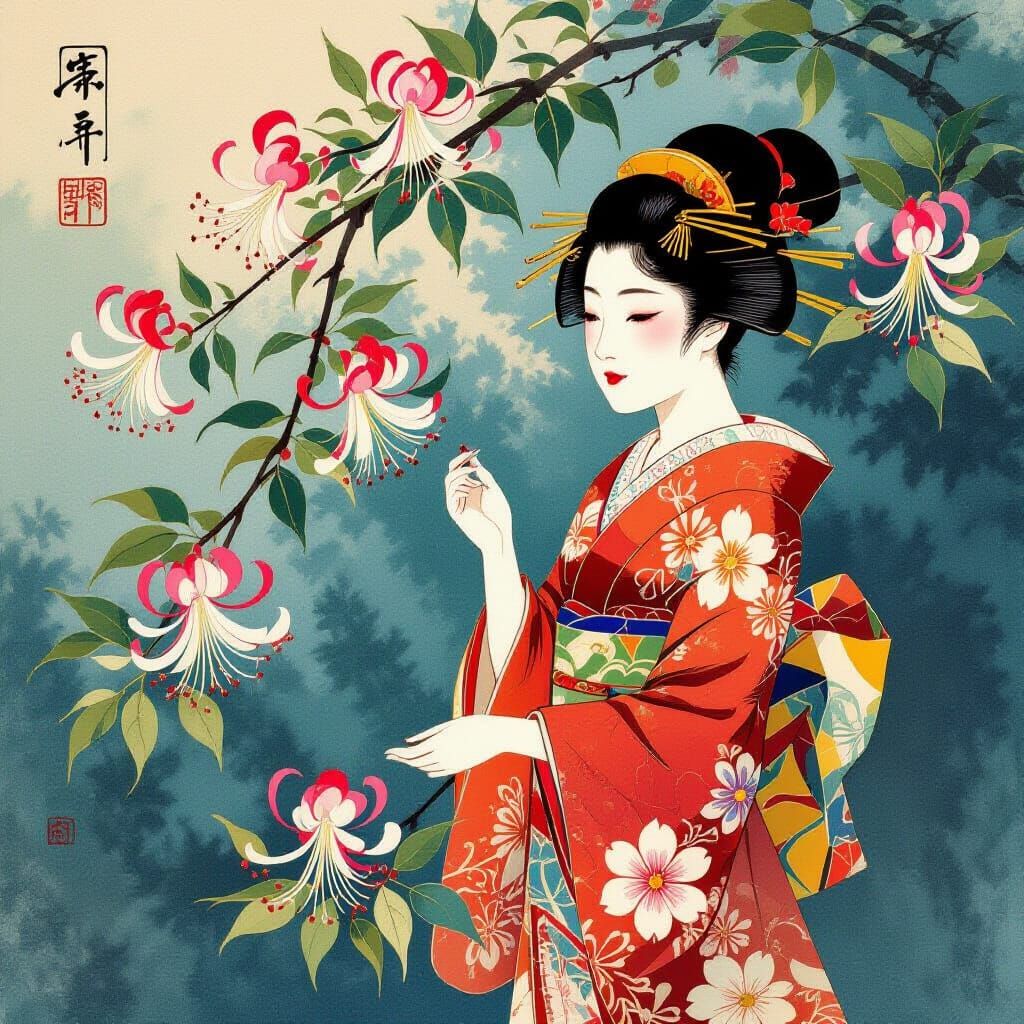 Honeysuckle Blooms Release Perfume in Ukiyo-e Style