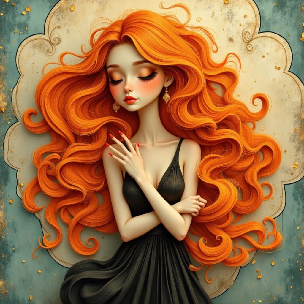 Whimsical Portrait of a Serene Woman with Orange Hair