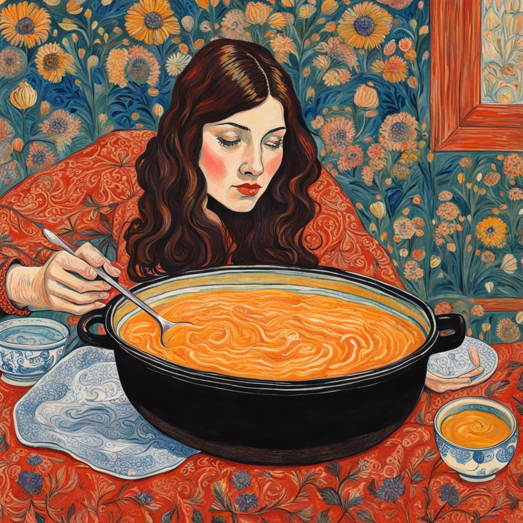 Person Swimming in Soup: Folk Art Illustration