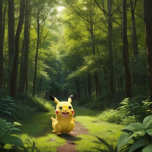 Realistic Pikachu in Sunny Forest, Digital Art