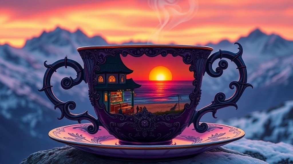 Dieselpunk Teacup Beachbar Sunset Scene