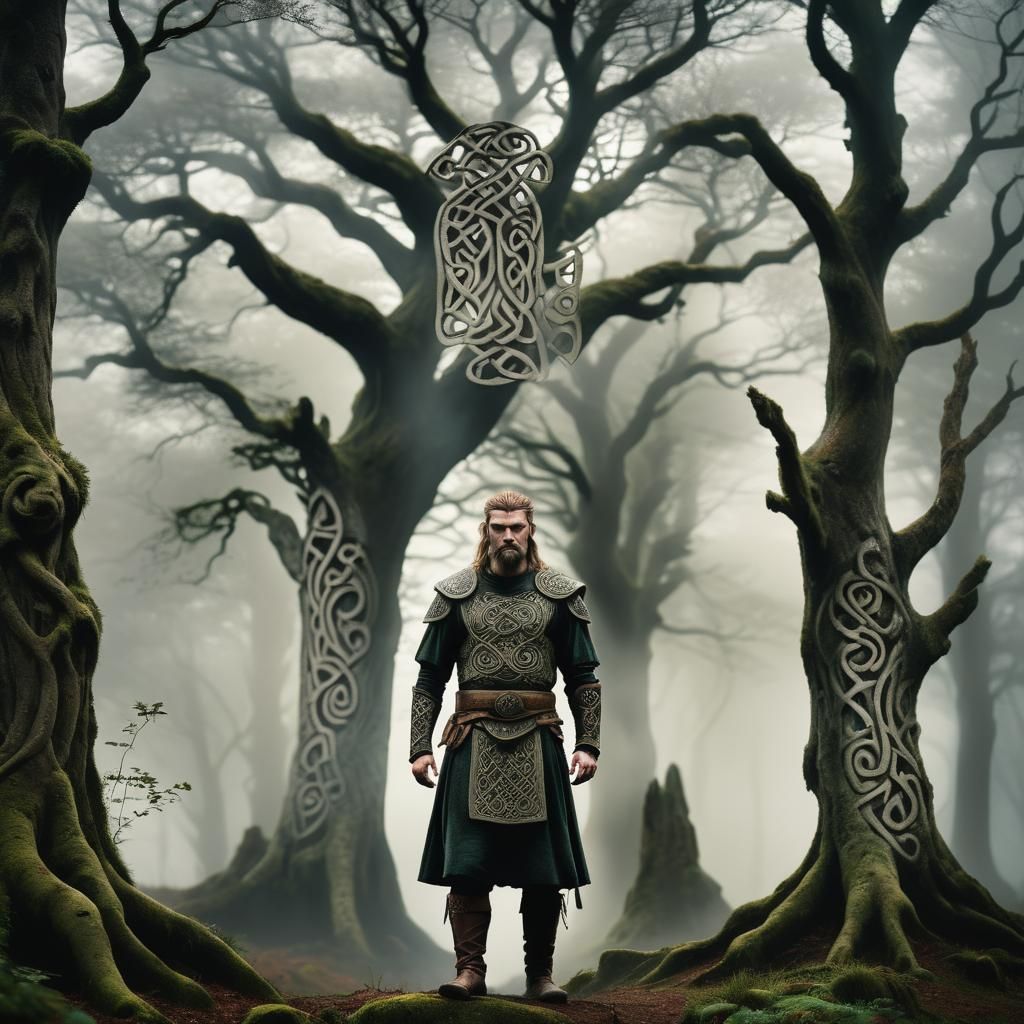 Celtic Warrior in Misty Forest: Fine Art Photography