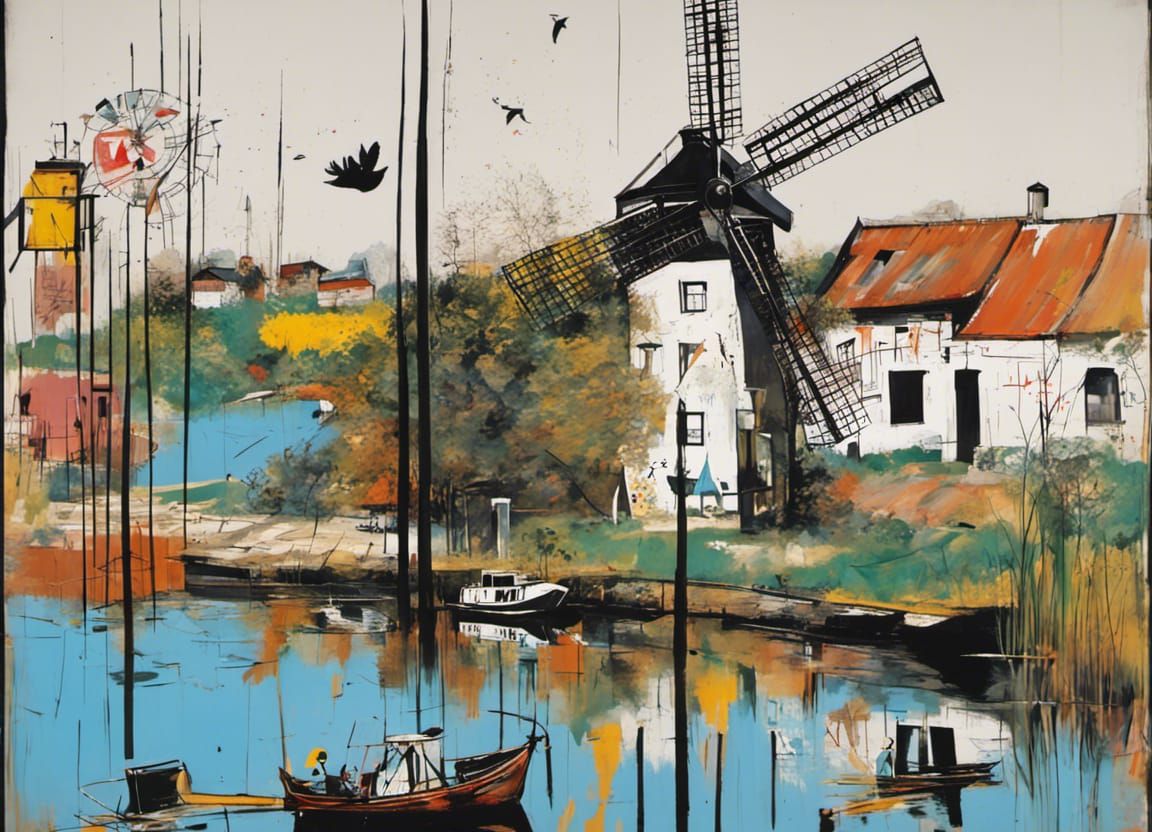 Windmill Scene with Basquiat-Inspired Graffiti