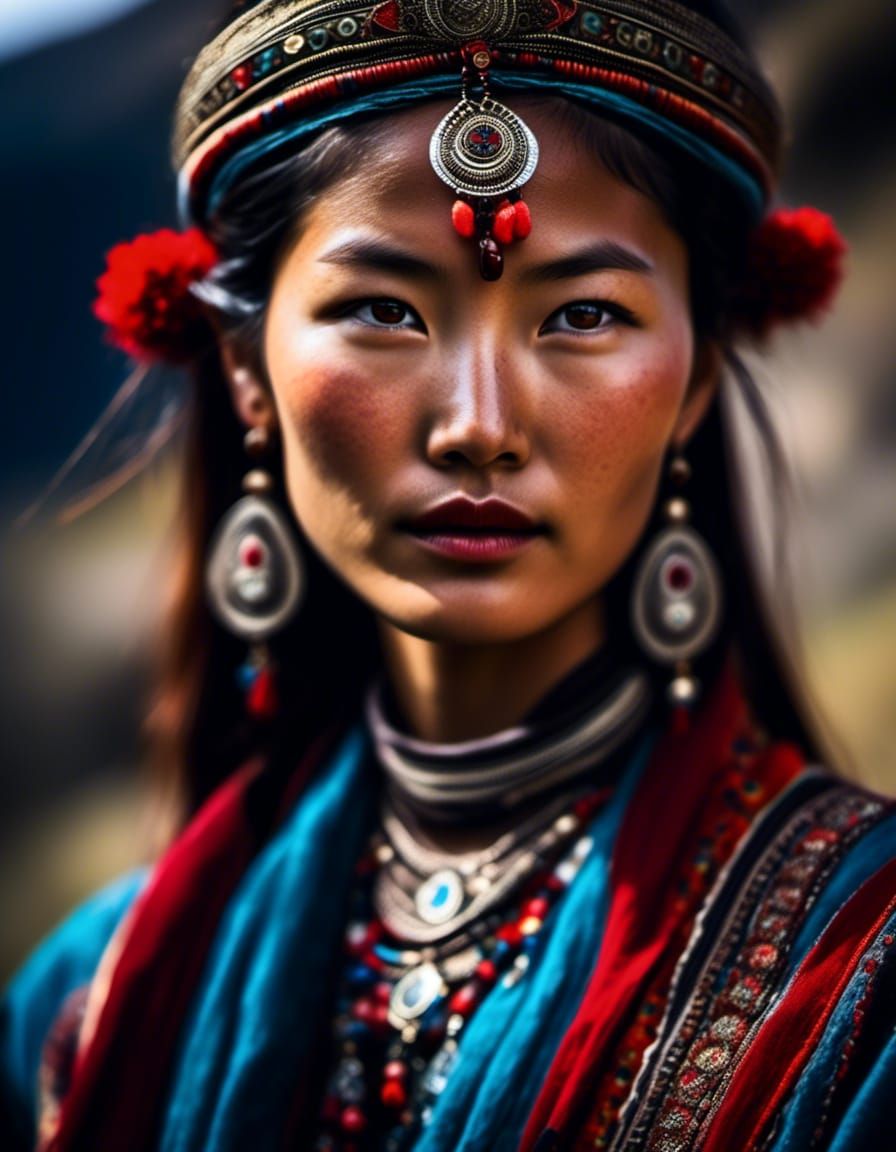 Tibetan Woman in Traditional Dress in the Himalayas