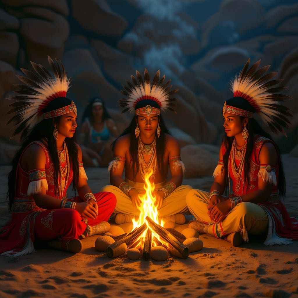 Native American Tribe Gathering Around Fire