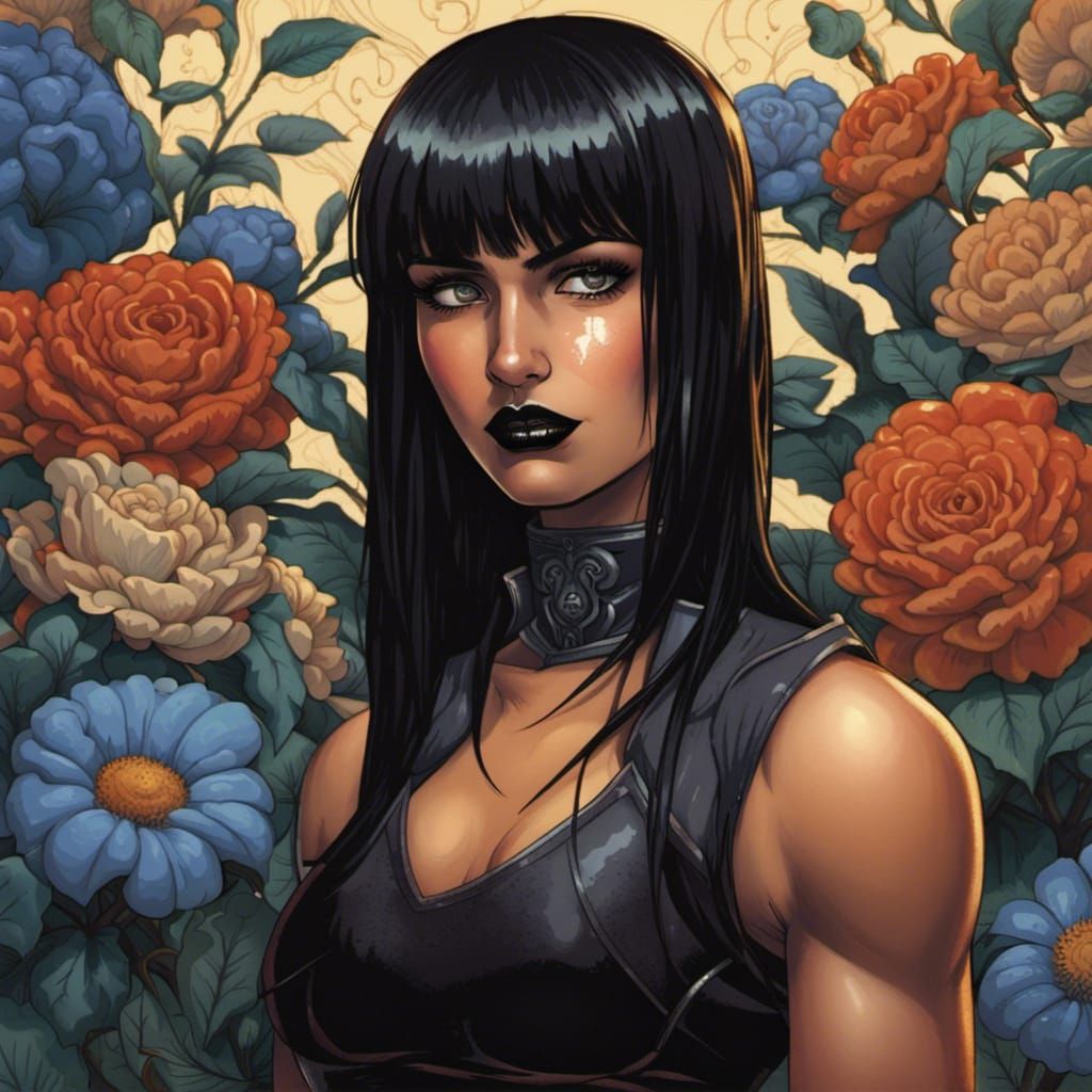 Beautiful Goth Woman Boxer with Floral Background