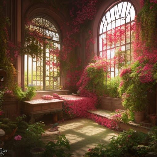 Hyperrealistic Greenhouse Overflowing with Red Roses