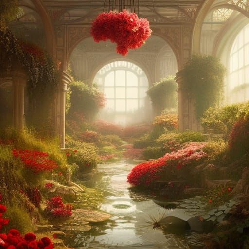 Lush Greenhouse with Red Roses in Hyperdetailed Style