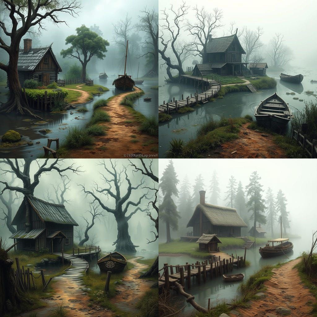 Medieval Frontier Settlement on the Edge of a Foggy Swamp Ri...