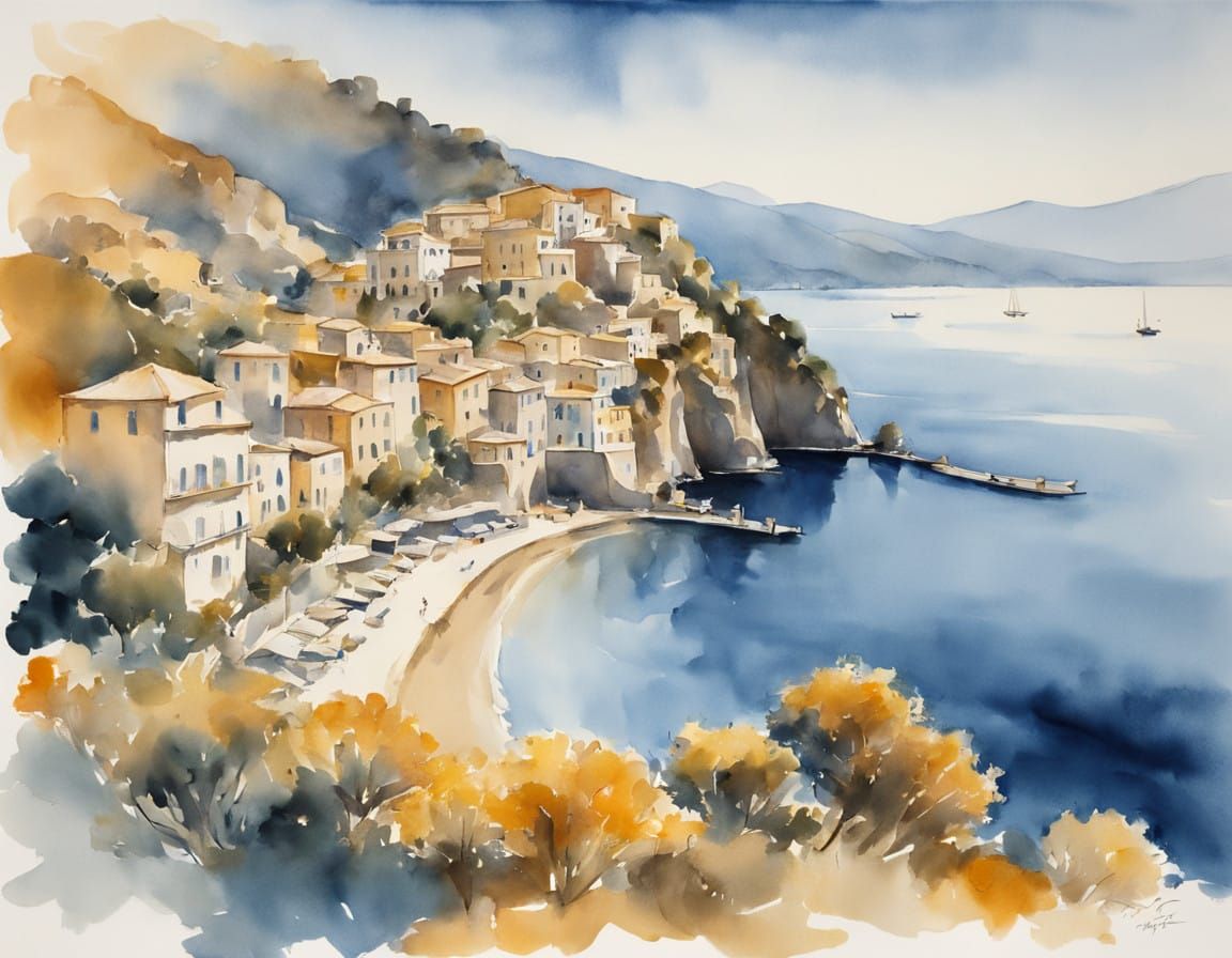 Mediterranean Seaside Village in Timeless Ink and Watercolor