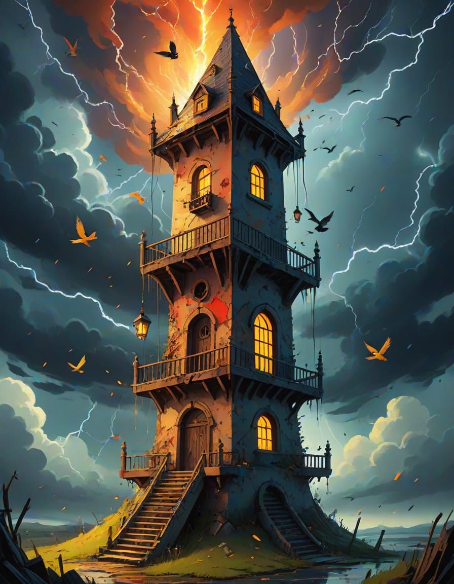 Tower Tarot Card Birdhouse in Manga Style