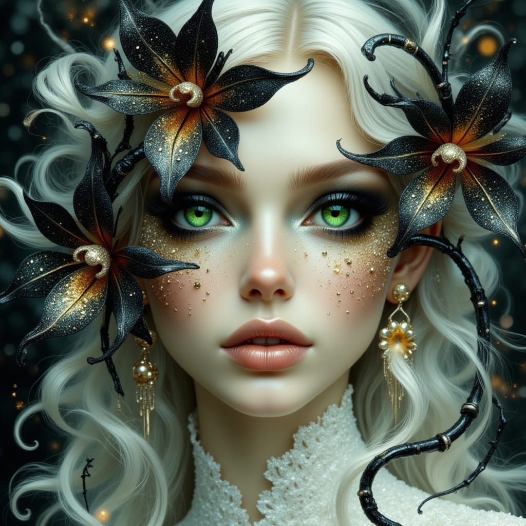 Albino Woman with Orchids in Art Nouveau Style