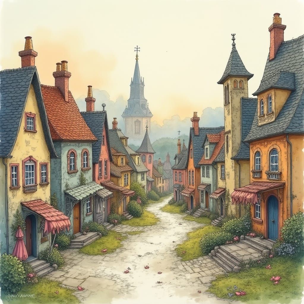 Fantastical Lace Town in Watercolor Style