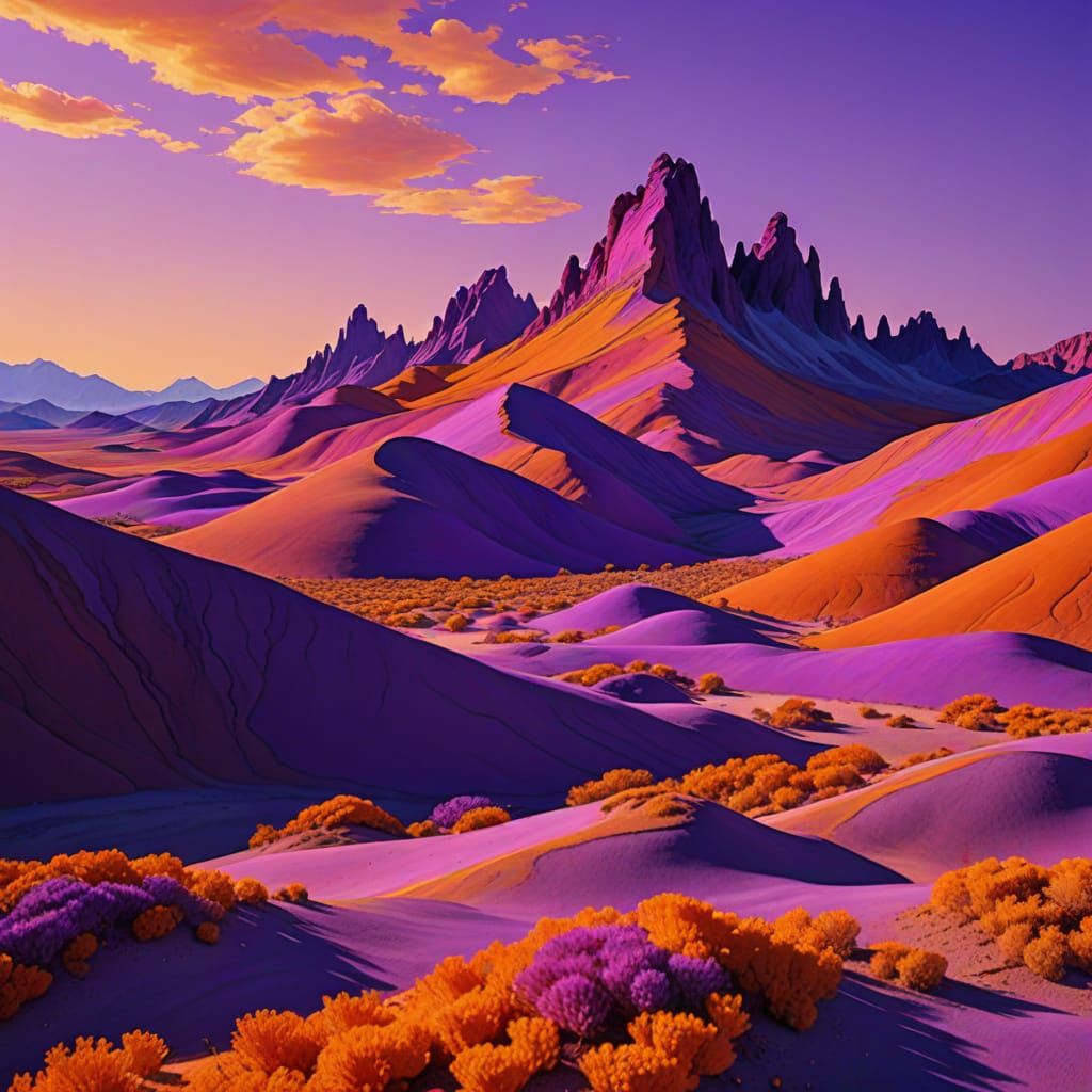 Surreal Twilight Landscape in Vibrant Hues of Purple and Ora...