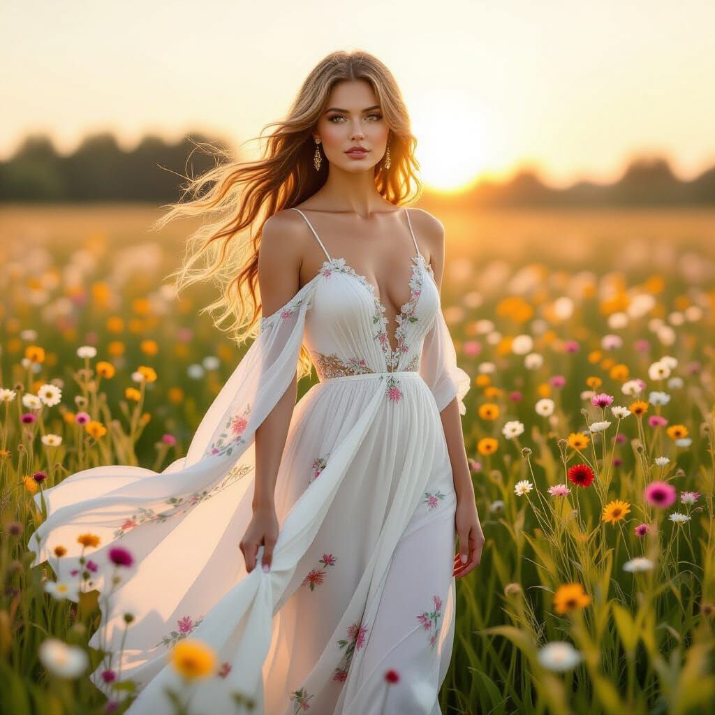 Woman in Wildflower Field, Art Nouveau Style