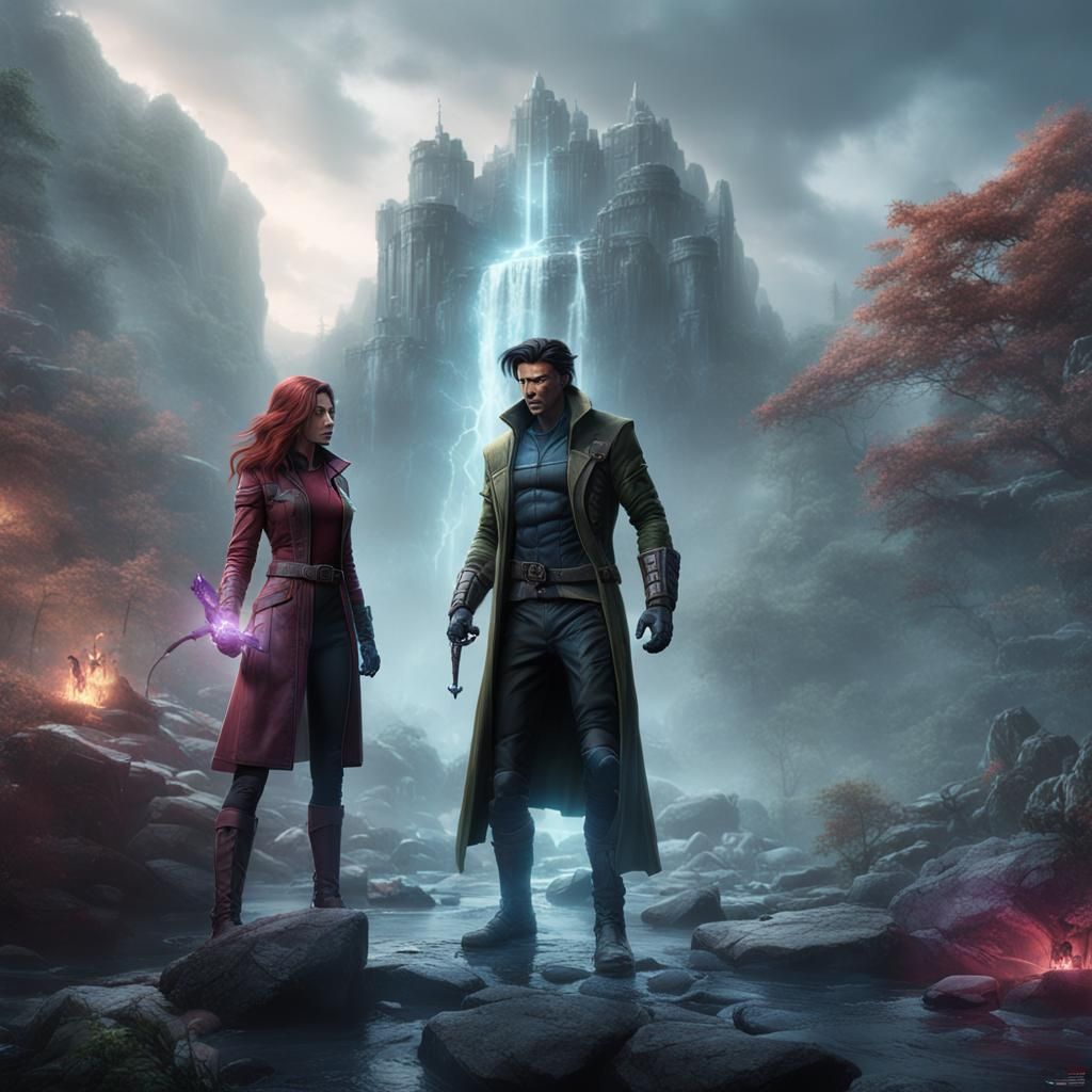 Rogue and Gambit by Waterfall: Detailed Matte Painting