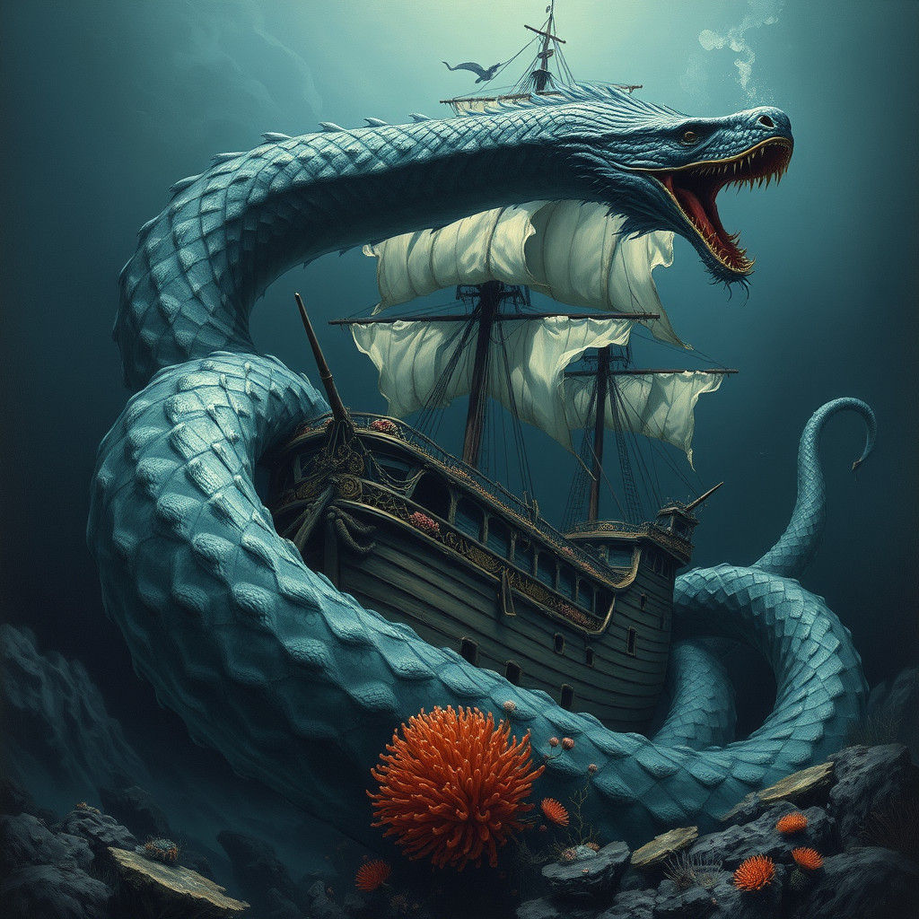 Sea Serpent Coiled Around Sunken Ship as Gouache Painting