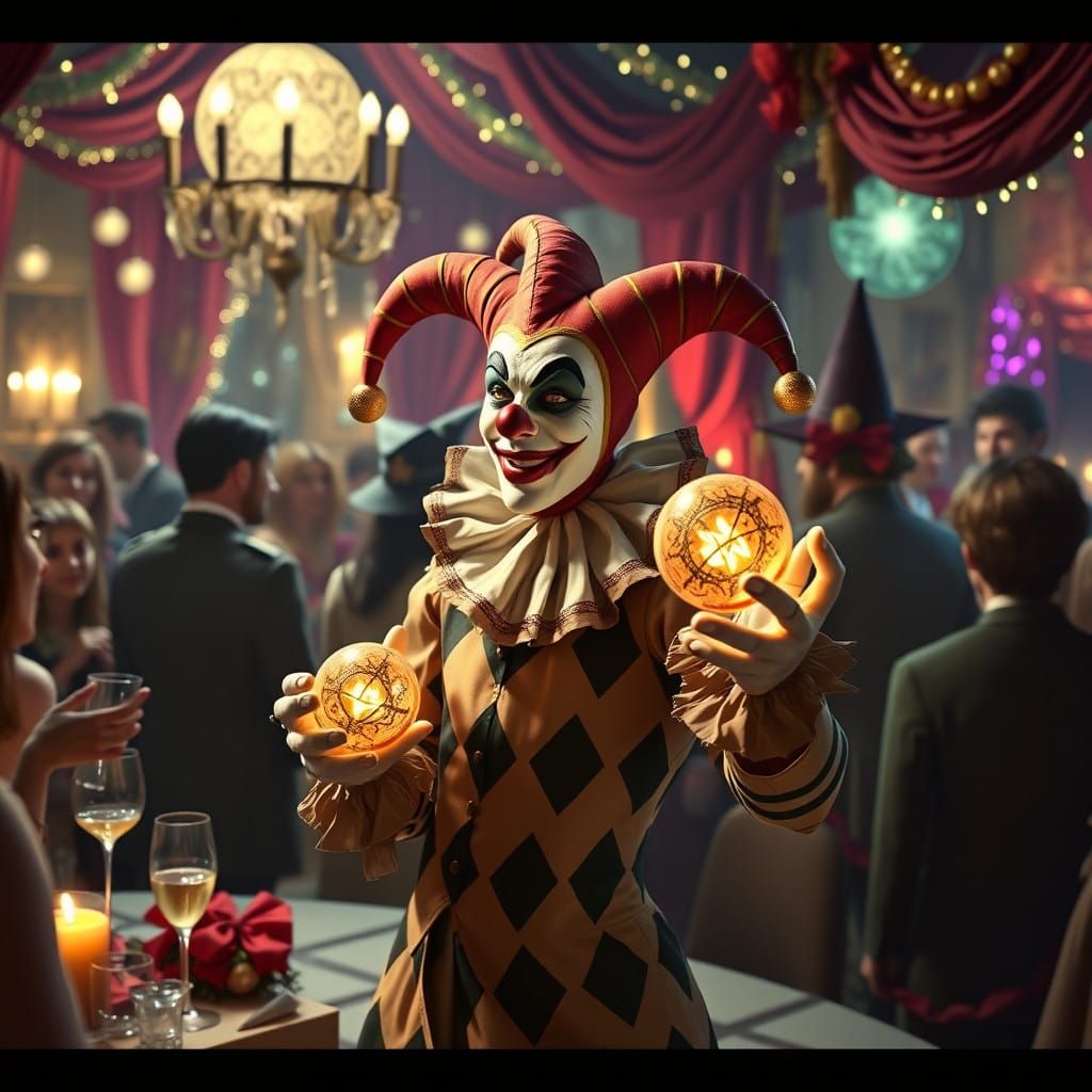 Whimsical Harlequin Surrounded by Enchanted Guests in a Fest...