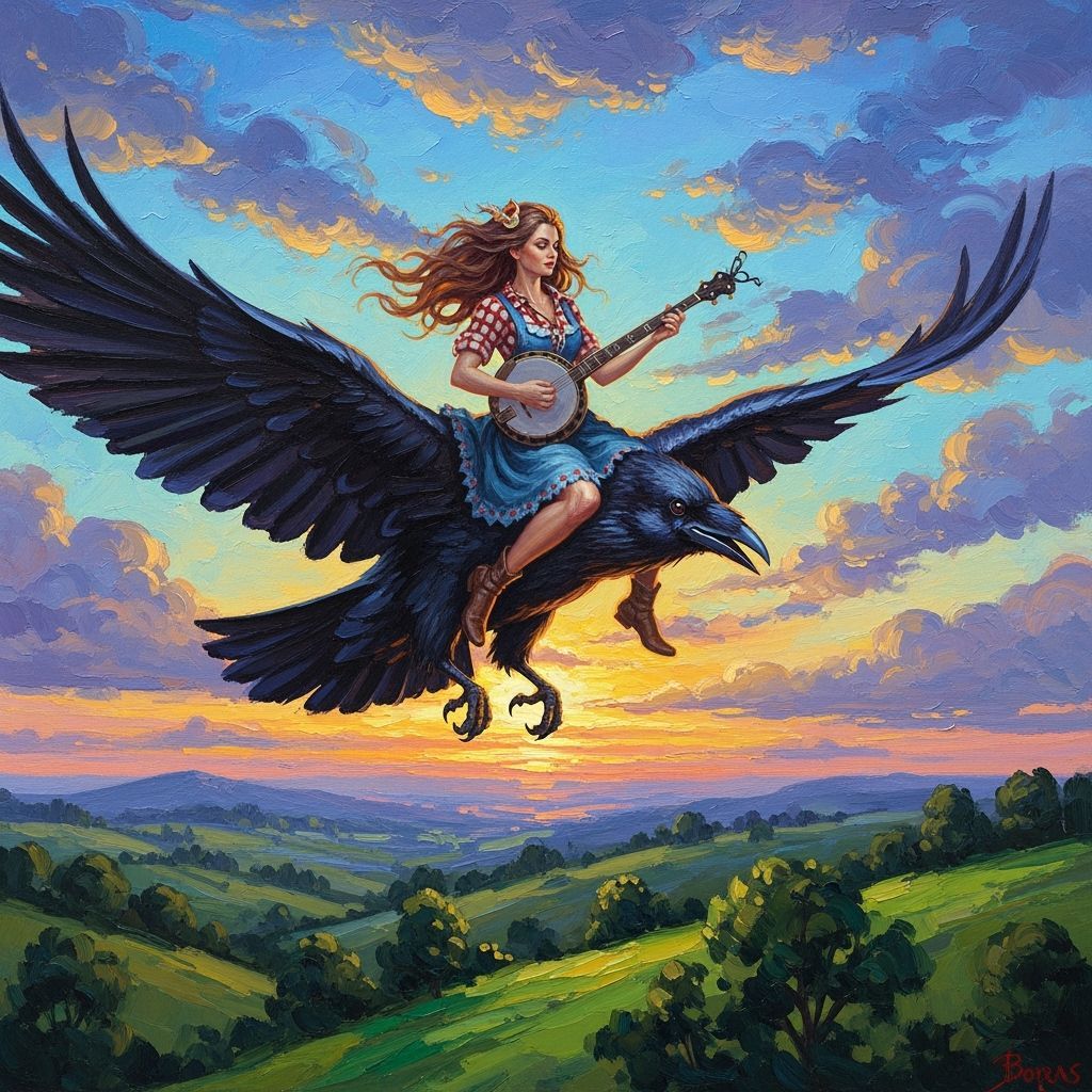 Woman Riding Giant Raven in Impressionist Oil Painting