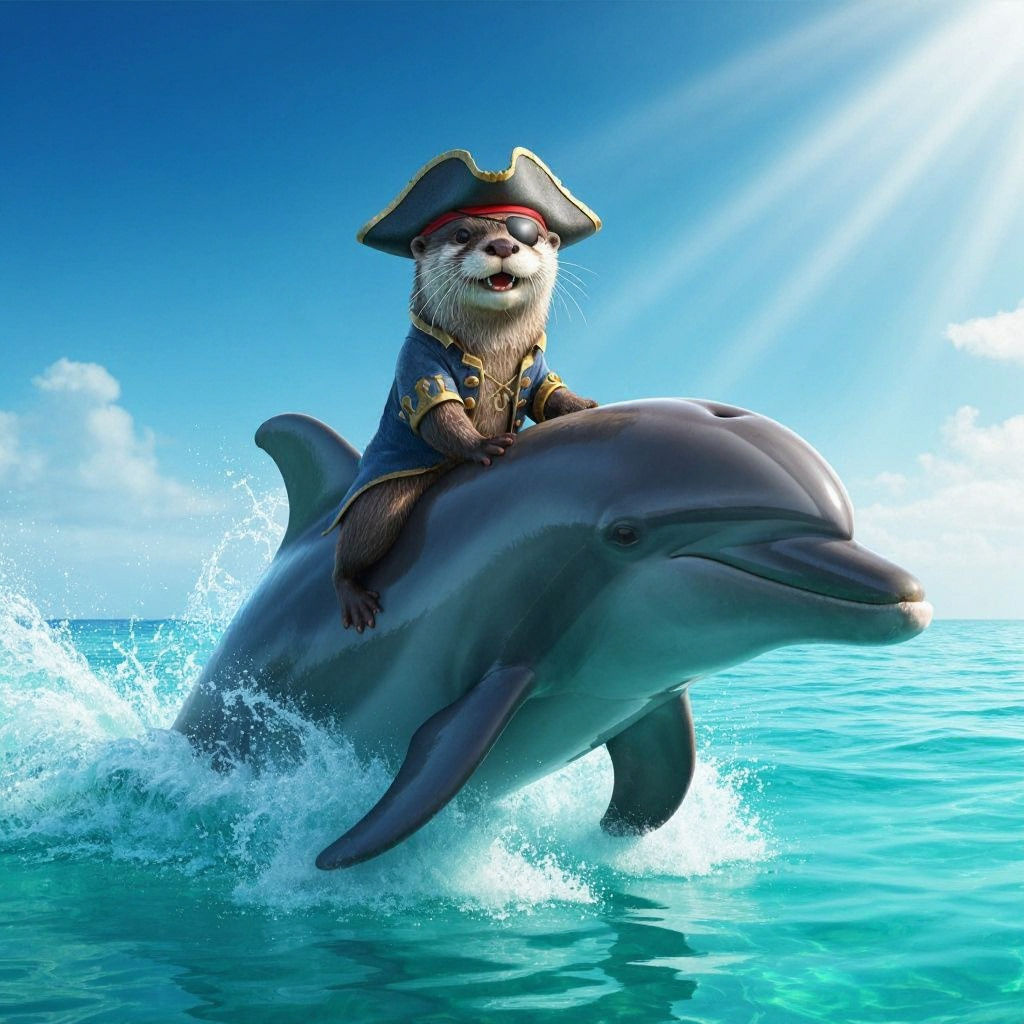 Pirate Otter Riding Dolphin on the Open Sea