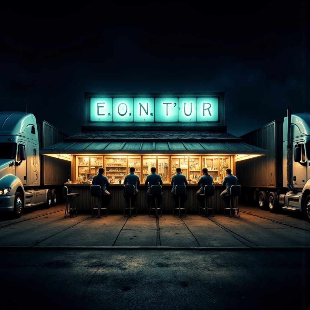 Illuminated Diner at Night with Truckers