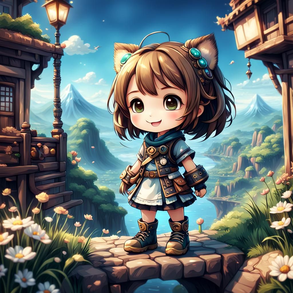 Adorable Chibi Character with Breathtaking Views