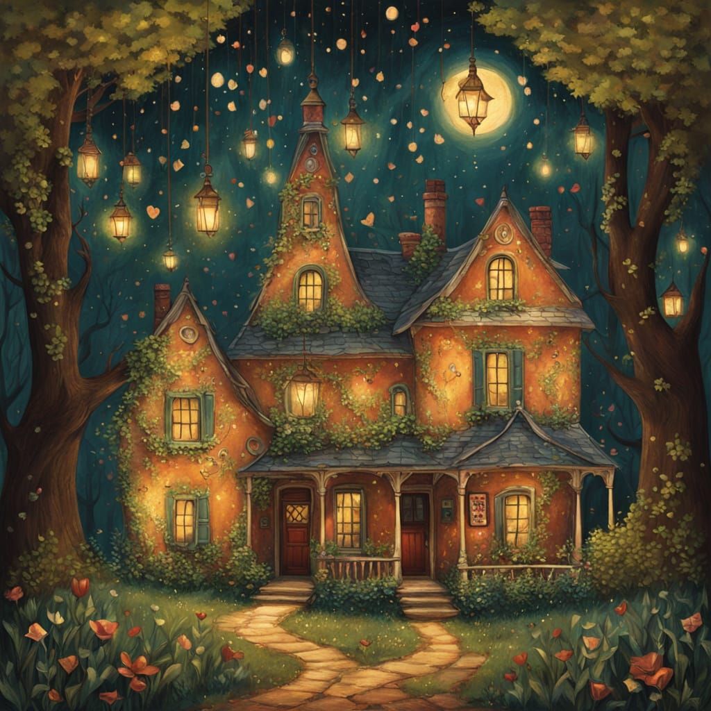 Enchanted Folk House in Whimsical Folk Art Style