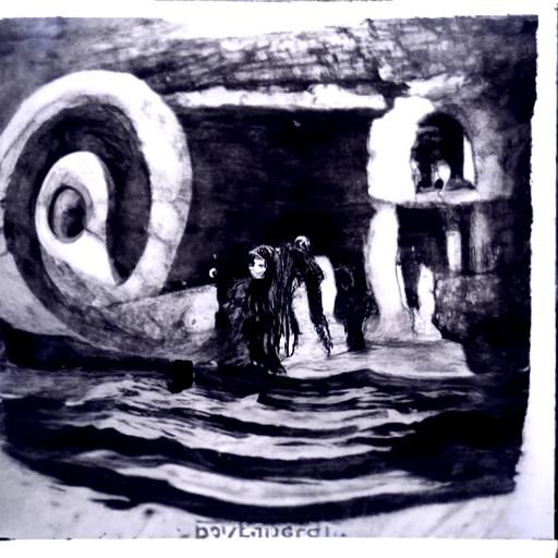 Eerie Subsea Labyrinth: Vintage Ink Drawing