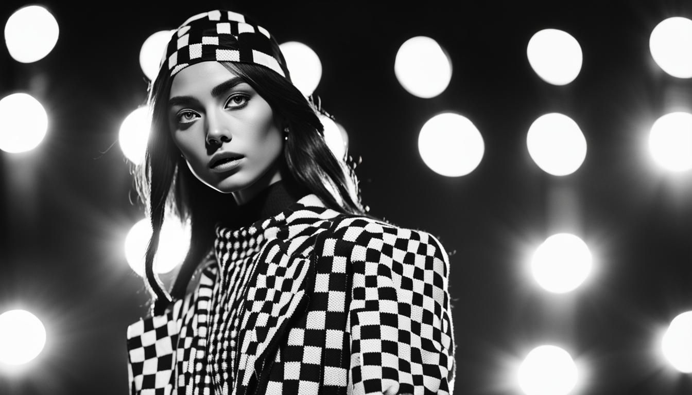 Model Showcasing Checkered Costume at Fashion Week