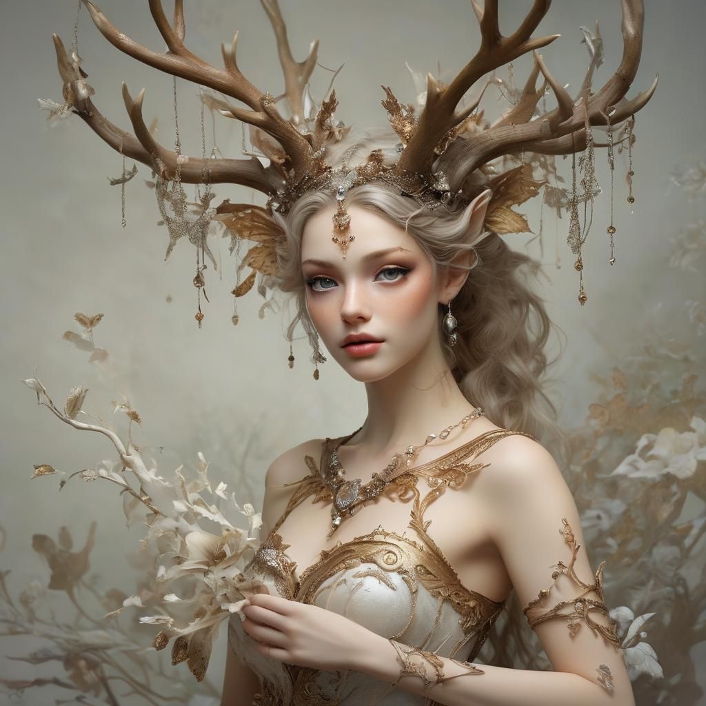Fantasy Fairy-Deer Hybrid with Ornate Antlers