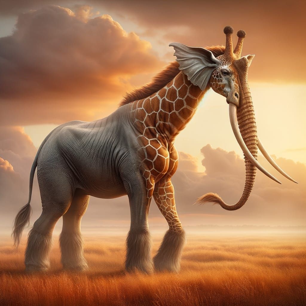 Giraffe-Elephant Hybrid in Golden Savannah Sunset