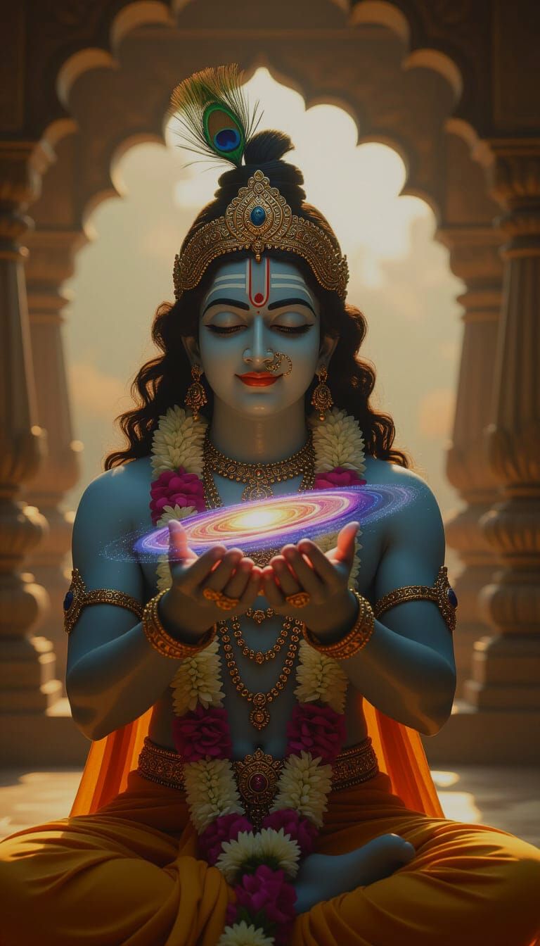 Krishna Holds Universe, Eyes Closed, Cinematic Masterpiece