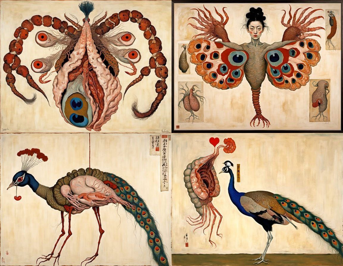 Mythical Peacock Prawn Homunculus in Ukiyo-e Style