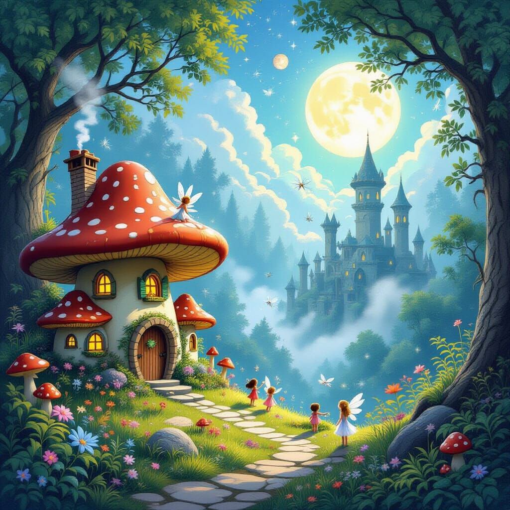 Whimsical Fairy Village Amidst Ancient Ruins
