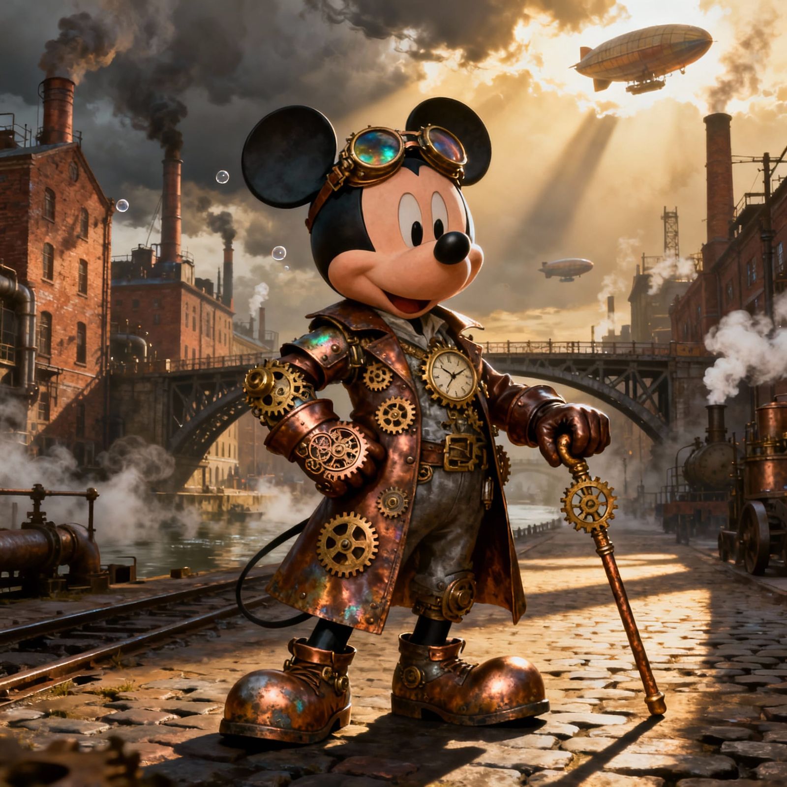 Steampunk Mickey in Victorian Industrial Landscape