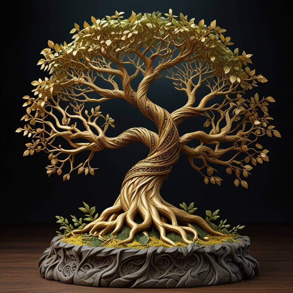 Yggdrasil: Intricate Clay Sculpture with Golden Norse Motifs