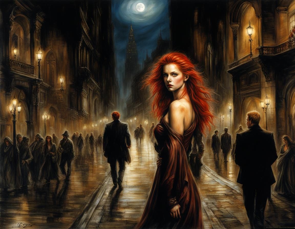 Red-Haired Woman in City Street, Luis Royo Style