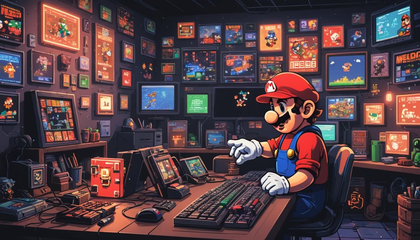 Mario's Retro Gaming Room in Pixel Art Style