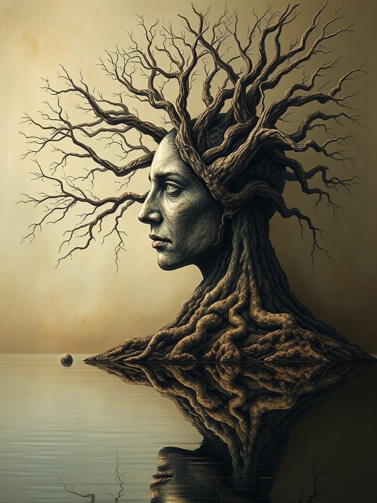 Surreal Boho Landscape with Human-Treant Merge in Golden Rat...