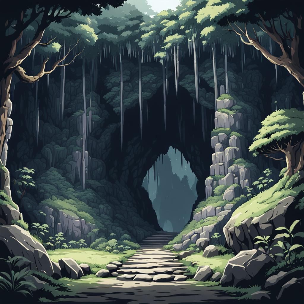 Dark Forest Cave Entrance in Anime Pixel Art