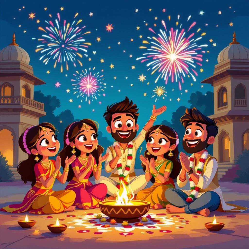 Joyful Cartoon Characters Celebrate Diwali in Animated Style