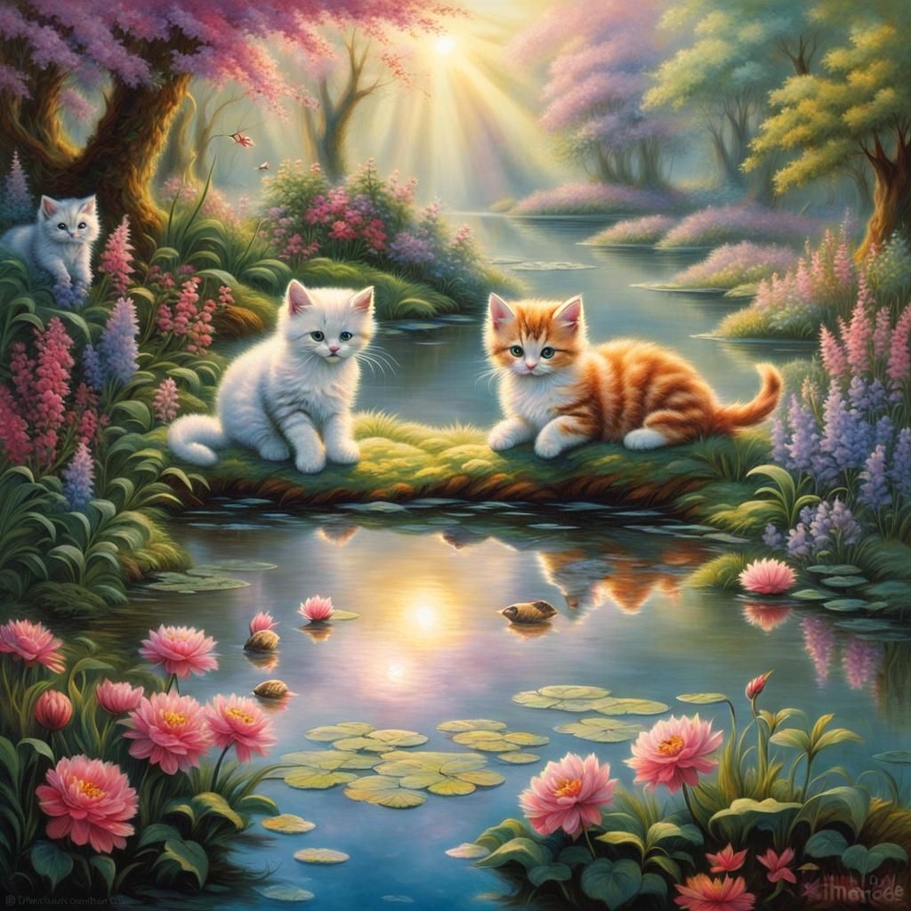 Kittens Playing by Magical Pond in Fantasy Style