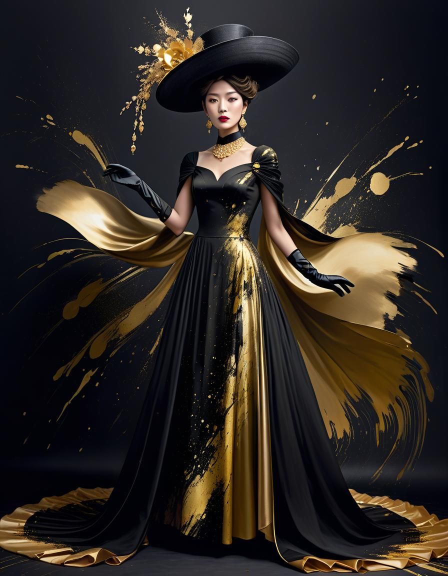 Woman in Flowing Black and Gold Gown