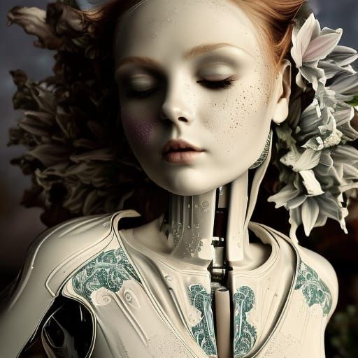 Porcelain Robot Woman in Lilies: Digital Matte Painting