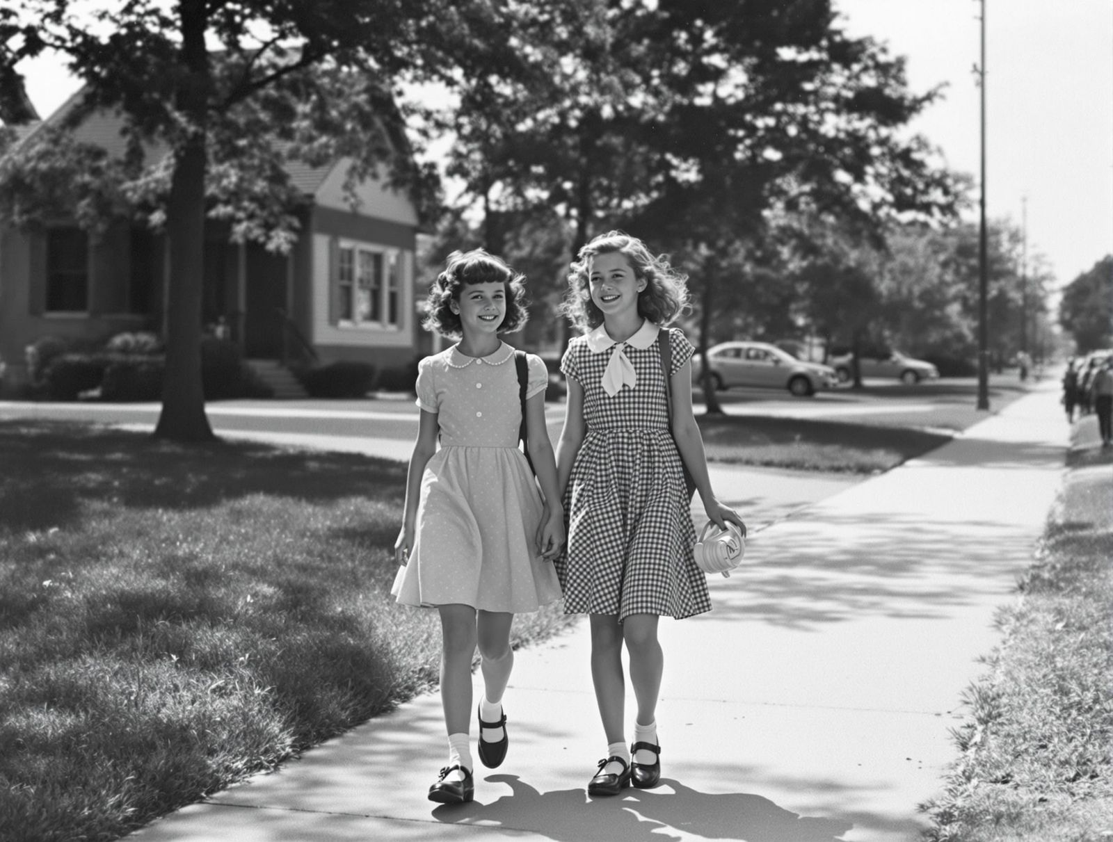 Girls in 1950s Style Walk to School