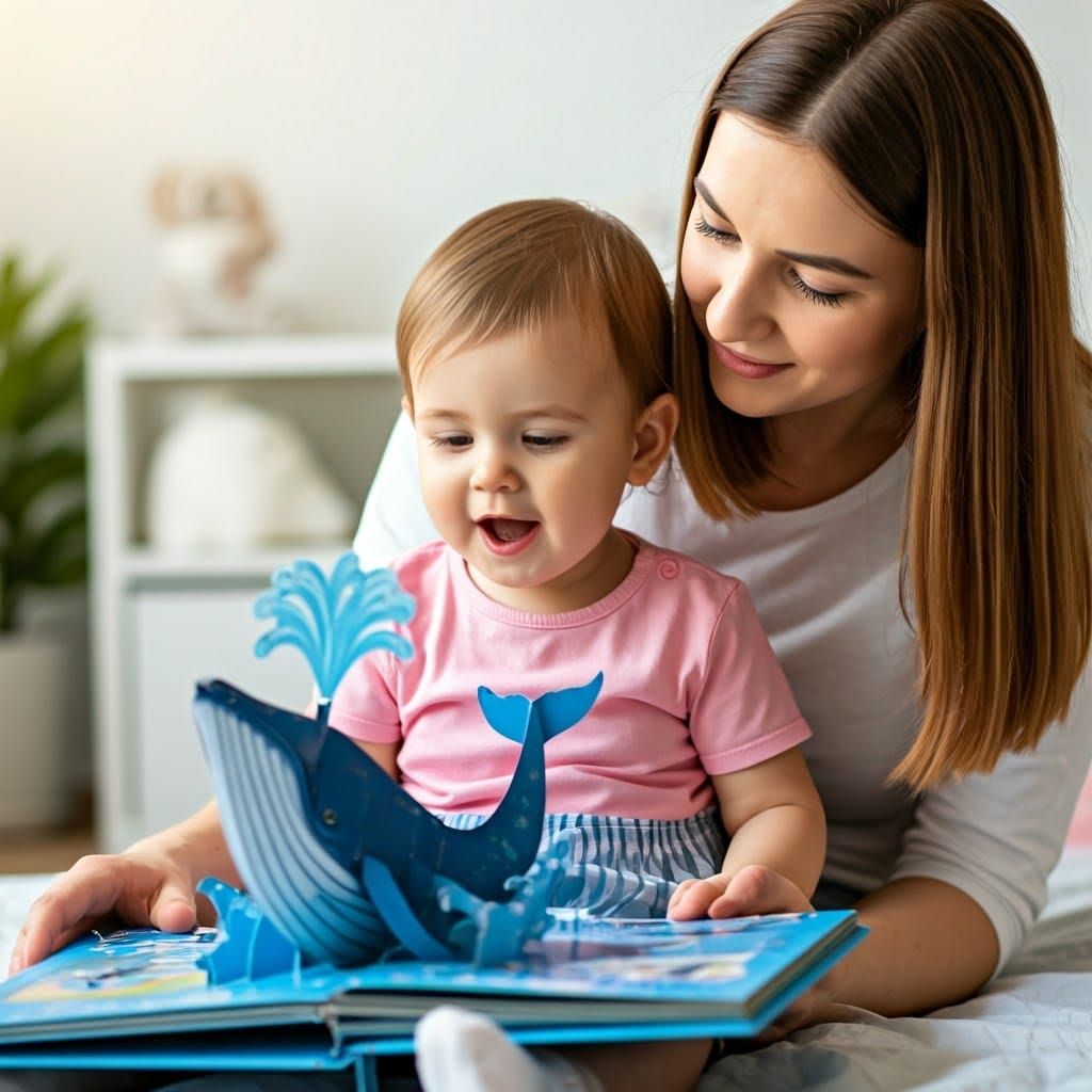Baby Girl and Mother with Pop-Up Whale Book