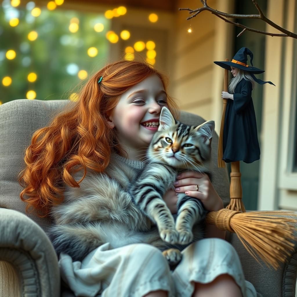 Girl with Grey Striped Cat and Fireflies