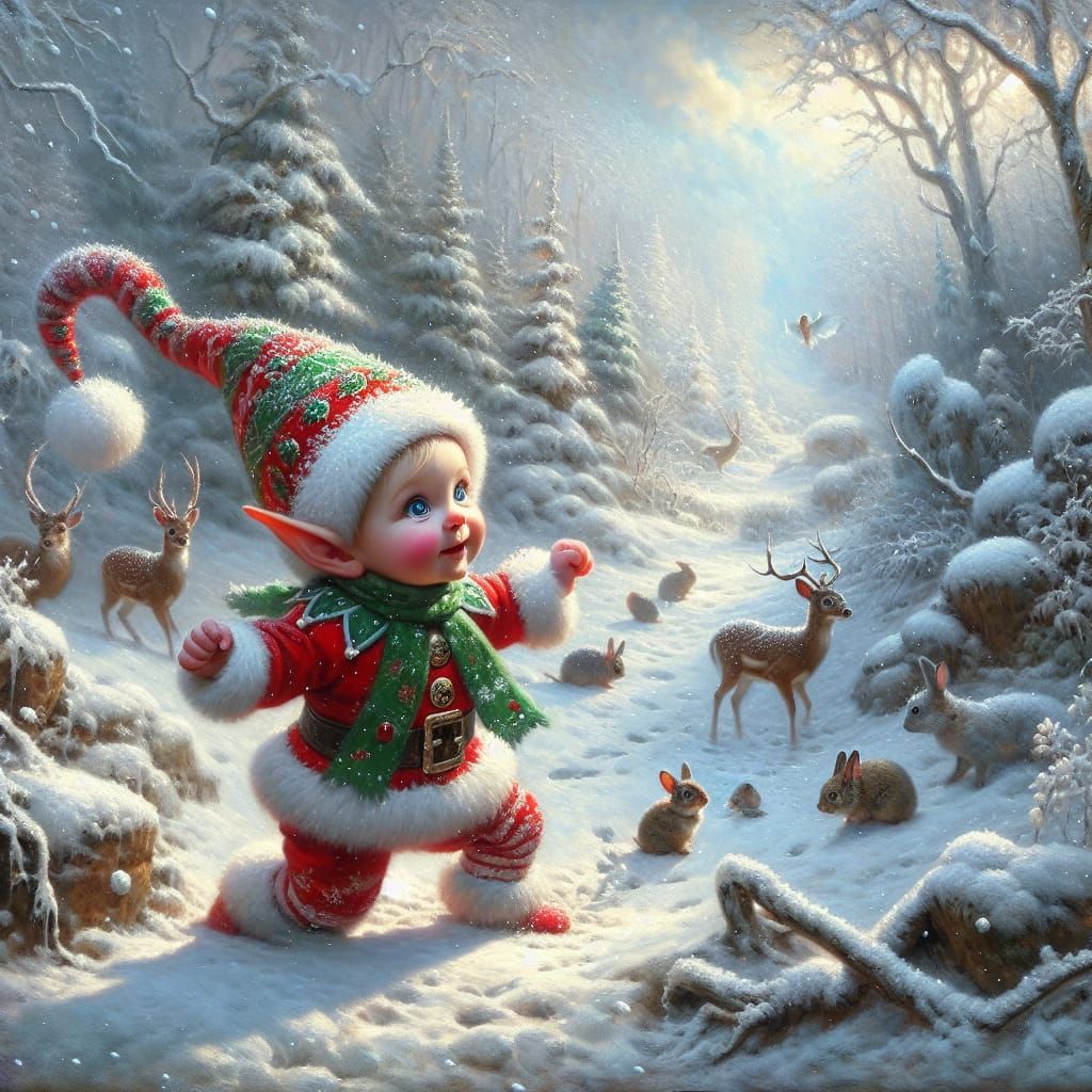 Adorable Christmas Elf Frolics in Winter Wonderland