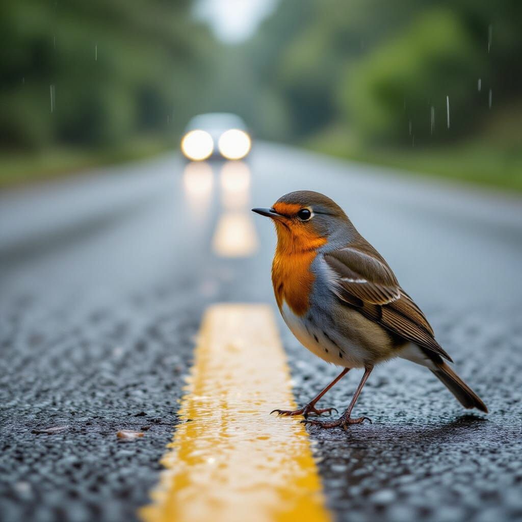 Robin Sits on Rainy Road: A Wildlife Scene