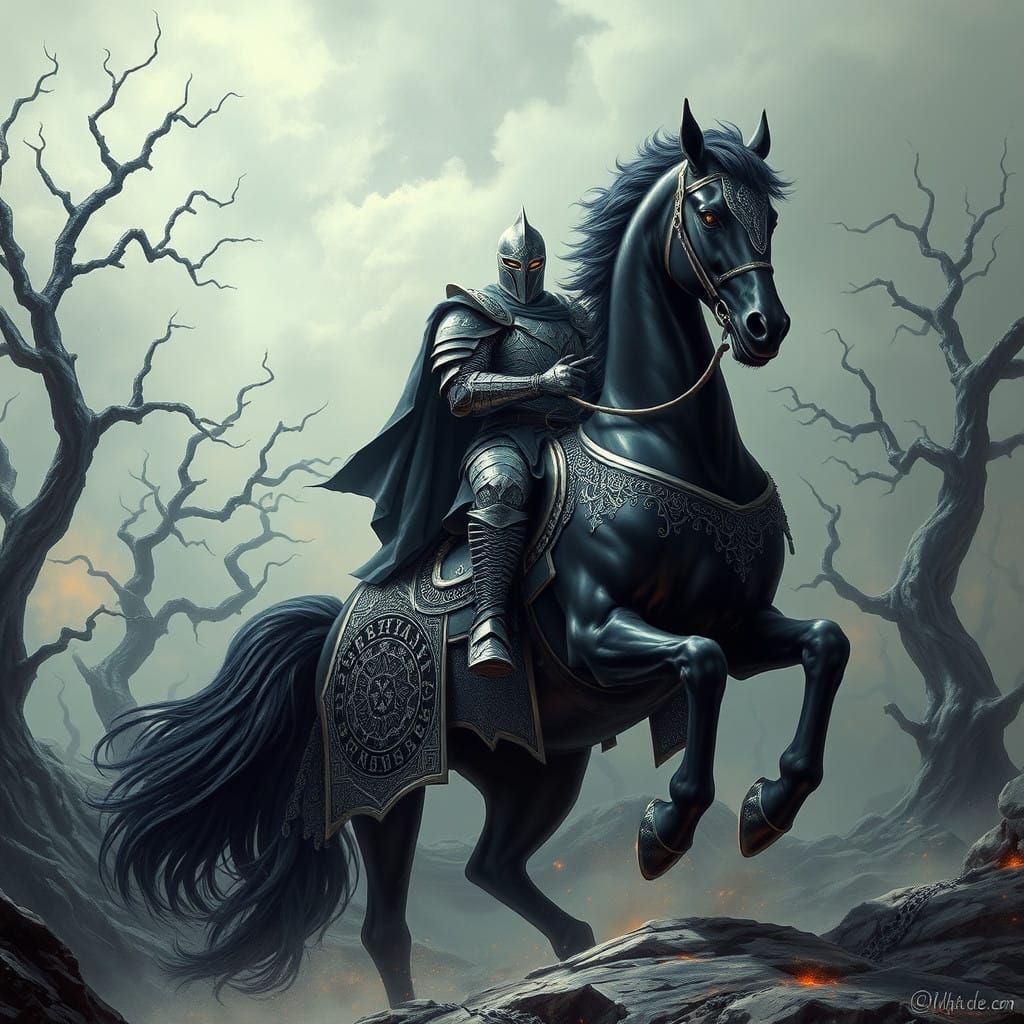 Ethereal Void Knight Rides into Haunted Landscape